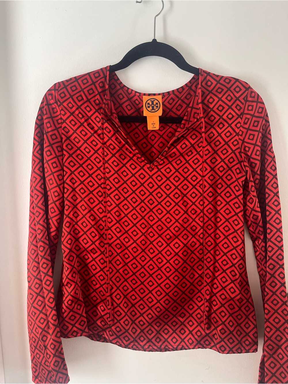 Tory Burch Red Silk Long Sleeve Top